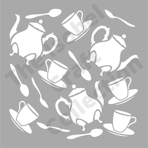 May include: A gray background with a repeating pattern of white teapots, teacups with saucers, and spoons. The text "The Herschel Collection" is partially visible in the image.