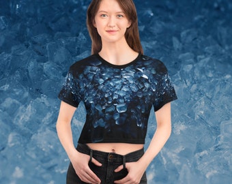 Crop Tee (AOP) With Special Dark Blue Ice / Icy Cubes Print, Winter Cold Glacial Inspired, Short Crop Tops & Clothes for Teen Girls or Women