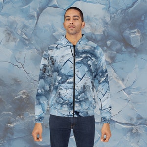 Unisex Zipper Hoodie (AOP) Unique Winter Print of a Frozen Ice / Icy Surface in Shades of Light Blue, White, and Gray Colors for Men / Women