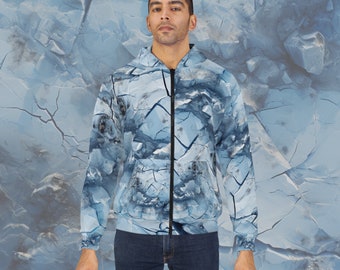 Unisex Zipper Hoodie (AOP) Unique Winter Print of a Frozen Ice / Icy Surface in Shades of Light Blue, White, and Gray Colors for Men / Women