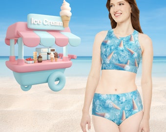 Sporty Bikini Set (AOP) Summer Sweet Print of Light Blue Ice Cream in Cones on Icy Surface, Swimsuit / Bathing Suit for Women or Teen Girls