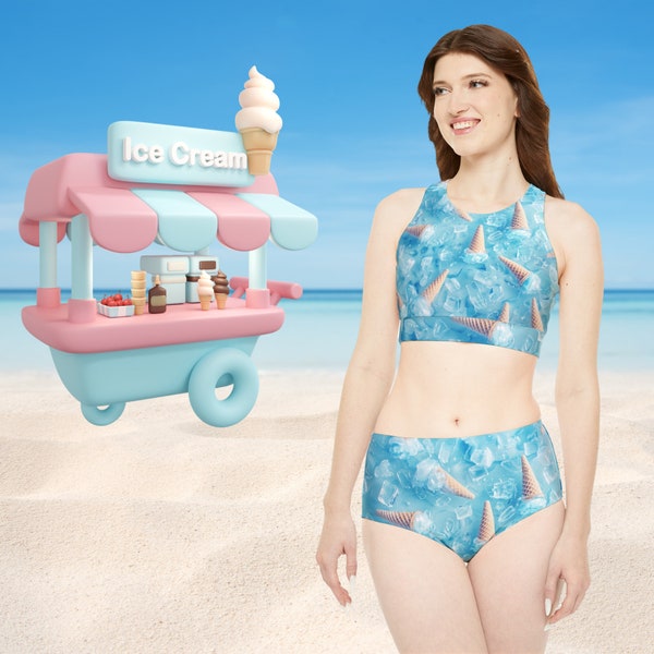 Sporty Bikini Set (AOP) Summer Sweet Print of Light Blue Ice Cream in Cones on Icy Surface, Swimsuit / Bathing Suit for Women or Teen Girls