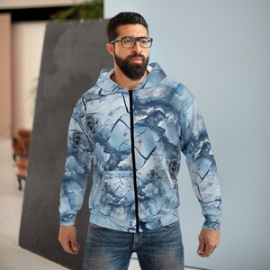 Unisex Zipper Hoodie (AOP) Lovely Unique Print of a Frozen Ice / Icy Surface in Shades of Light Blue, White and Brown Colors for Men / Women