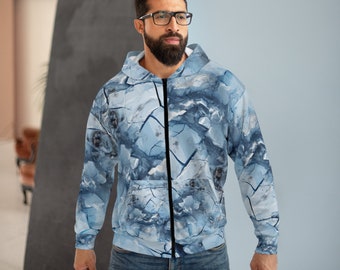 Sweat à capuche zippé unisexe (AOP) Impression hivernale unique d'une surface glacée / glacée dans des tons bleu clair, blanc et gris pour homme / femme