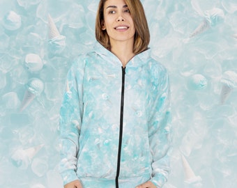 Sweat à capuche zippé unisexe (AOP) Belle impression estivale de surface glacée avec veste crème glacée, sweats à capuche bleu clair et blanc pour femme et homme