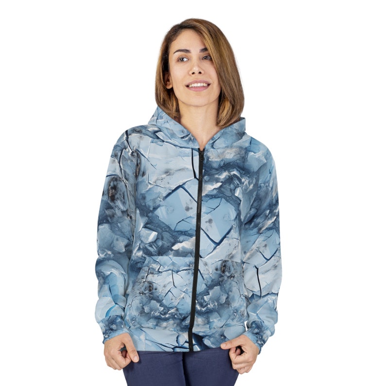 Unisex Zipper Hoodie (AOP) Lovely Unique Print of a Frozen Ice / Icy Surface in Shades of Light Blue, White and Brown Colors for Men / Women