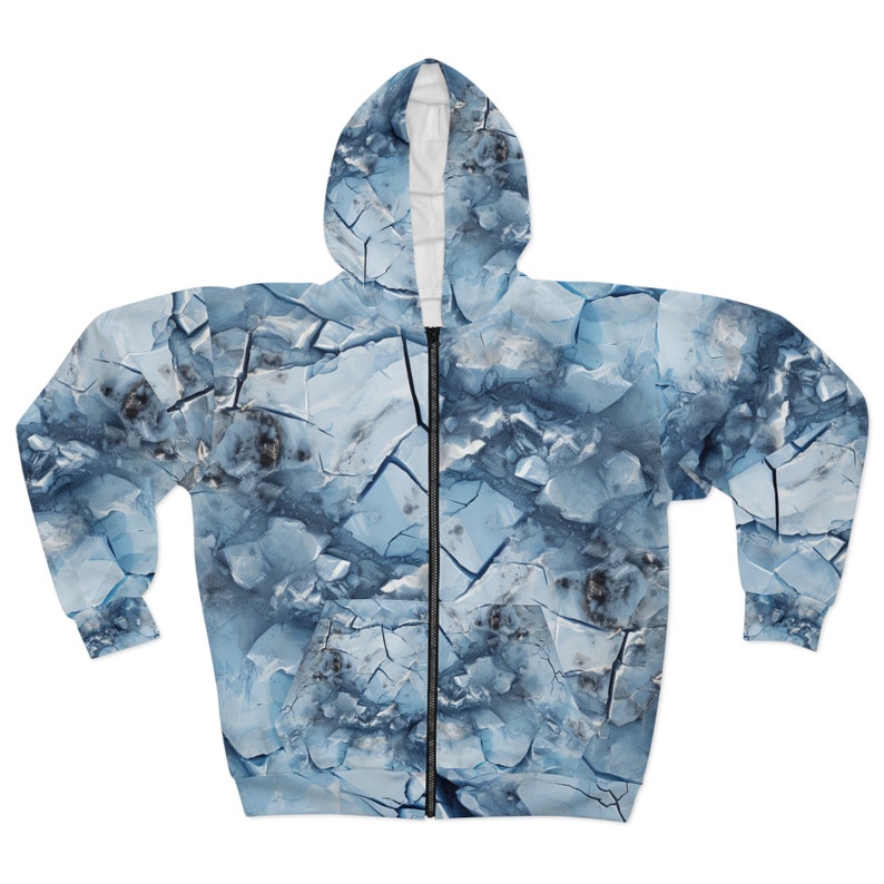 Unisex Zipper Hoodie (AOP) Lovely Unique Print of a Frozen Ice / Icy Surface in Shades of Light Blue, White and Brown Colors for Men / Women