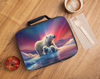 Lunch Breakfast Bag Box Original AI Design White Polar Bears Mother & Cubs, Colorful Sunset Northern Lights Aurora Stars, Icy Snow Greenland