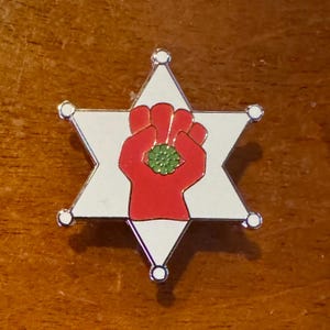 Puede incluir: Un pin de esmalte en forma de estrella de seis puntas con fondo blanco y borde de metal plateado. En el centro, un puño rojo está levantado, sosteniendo un pequeño elemento circular verde texturizado. Cada una de las seis puntas tiene un pequeño círculo blanco.