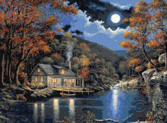 Lot of 2 Counted Cross Stitch Kits MOONLIT CABIN~MORNING LAKE Dimensions Lot of 2 Counted Cross Stitch Kits MOONLIT CABIN~MORNING LAKE Dimensions
