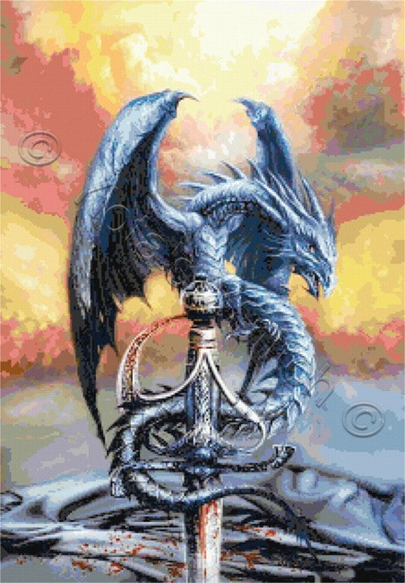 Dragon With Sword Fantasy Counted Cross Stitch Kit Dragon - Etsy