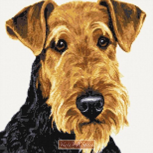 Airedale In Sepia~counted cross stitch pattern #1734~Vintage Animals Dogs Chart 