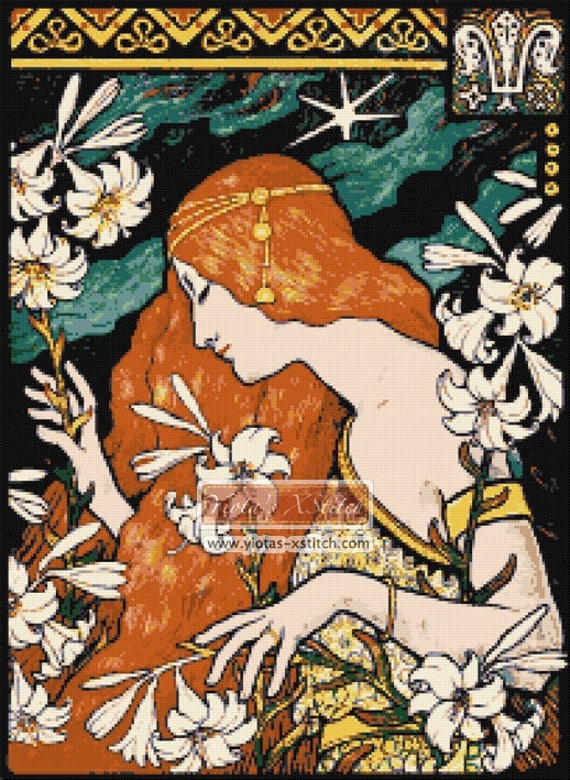 Art Nouveau Lady Ad Poster Berthon Counted Cross Stitch Pattern Chart Graph