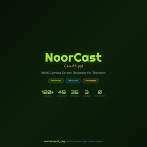 Puede incluir: Gráfico verde oscuro con el texto "NoorCast" en verde brillante, con escritura árabe debajo. El texto "Multi-Camera Screen Recorder for Teachers" está debajo del título principal. El texto adicional incluye "Zero Install", "100% Local" y "Kid-Friendly".
