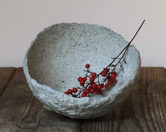 Blue bowl - medium, handmade paper mache bowl recycled white paper, natural pigments, wabi sabi, sustainable decor, pulp paper art