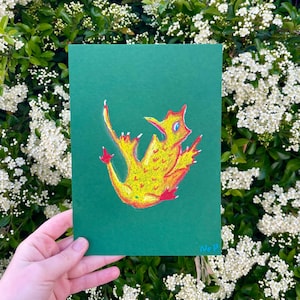 Biglietto d'auguri "Anatra di fuoco" - Anatra fantasy disegnata a mano su carta verde - cartolina d'arte originale