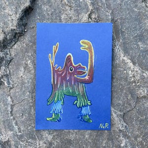 Handgemachte Grußkarte mit Monster-Hahn – verrückte Tierillustration – einzigartiges Fantasiewesen – Unikat – Postkarte zum Verschenken