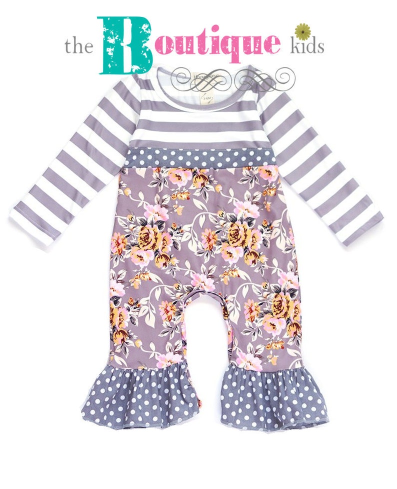 The Boutique kids baby girl FALL Winter gray white stripe floral pink polka dots ruffle romper autumn triple ruffle one piece