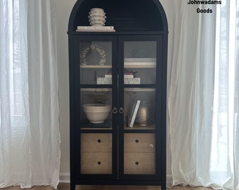 Tall Arched Storage Display Cabinet in Oak Wood Grain, Modern Farmhouse