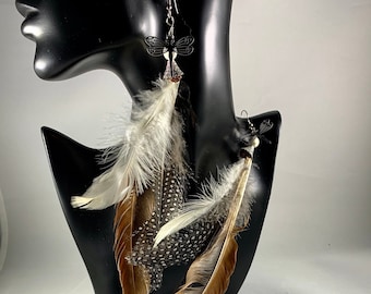 Peacock Feather Dangle Earrings*Peacock Butterfly Charm Earrings*Rudraksha Feather Earrings*Boho Feather Silver Earrings Multi Feather