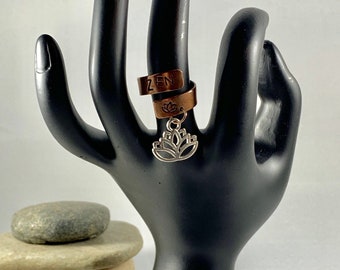 Zen Hand-Stamped Dangle Lotus Ring * Copper Dangle Ring * Zen Copper Stamped Ring * Zen Lotus Copper Ring * Boho Zen Ring * Adjustable