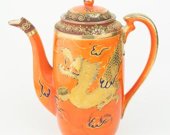 Japanese Orange Dragon Ware Coffee Pot - Hand painted, Golden Decorated 7" Pot