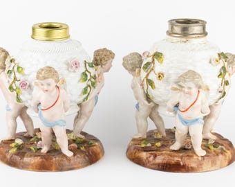 Pair of Antique German Porcelain Oil Lamp Bases Cherubs & Floral Design