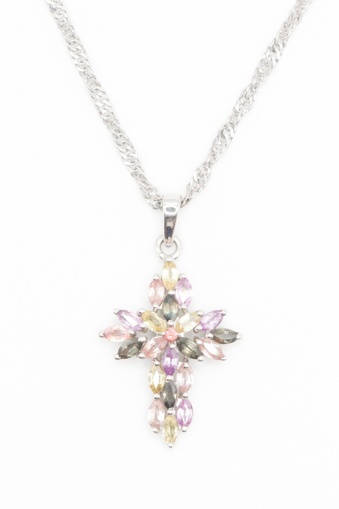 Multi Sapphire Cluster Cross Pendant - Platinum Overlay Sterling Silver ...