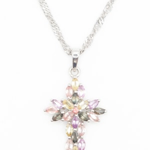 Multi Sapphire Cluster Cross Pendant - Platinum Overlay Sterling Silver Chain