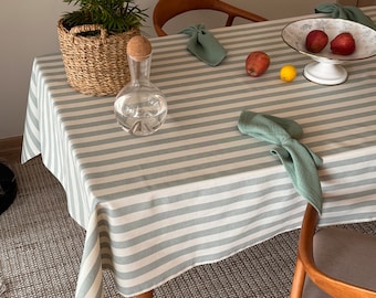 Linen Bohem Table Cloth,Spill-Proof and Scratch Resistant, Sage Color Striped Table Cloth,Table Decor Ideas