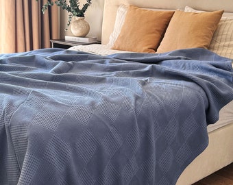 Waffle Indigo Cotton Blanket,%100 Organic,Breathable and Soft Bedspread,Twin,Queen,King Size Waffle Pique