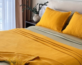 Organic Turkish Muslin Bedspread, 4 Layer Gauze Blanket, Mustard Summer Throw Quilt and Pillowcase, King, Oversize, Queen, Toddler