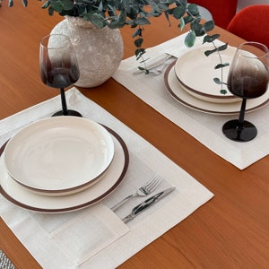 White Linen Placemats With Pocket For Cutlery,Set of 2,4,6,8,10,Handmade Placemats for Luxury and Rustic Table Decor, Wedding Table Decor