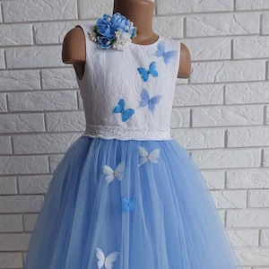 Wedding flowers tutu dress, Blue festive girls dress, Butterfly birthday dress, Gift for girl, Fluffy wedding dress for girl, Fotoshoot