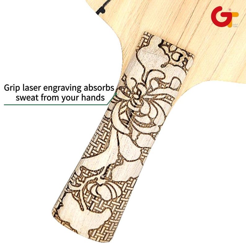 May include: Close-up of a wooden table tennis paddle with a laser-engraved grip. The grip features a floral design and the text "Grip laser engraving absorbs sweat from your hands".