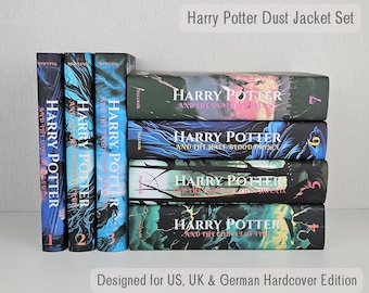May include: A set of seven Harry Potter dust jackets for the US, UK, and German hardcover editions of the books. The jackets are arranged in order from book one to book seven, with the spines facing the viewer. Each jacket features a unique design inspired by the corresponding book.
