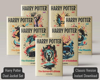 May include: A collection of Harry Potter book dust jackets. Each book cover features colorful illustrations of dragons, phoenixes, and other magical creatures. The titles include "The Sorcerer's Stone," "The Chamber," and "The Phoenix." The text "Harry Potter" is prominently displayed.