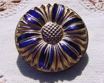 Indigo Golden Sunflower Daisy Czech Glass Button