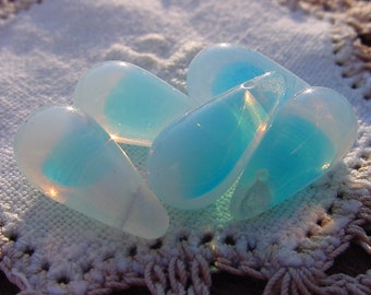 Amazing Azure Blue Opal Opalescent Givre RARE Drops Vintage WG Glass Beads 2 pcs
