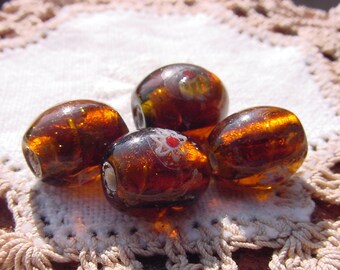 Rich Root Beer Brown Floral Golden Brown Glowing Vintage Czech Glass Foil Beads