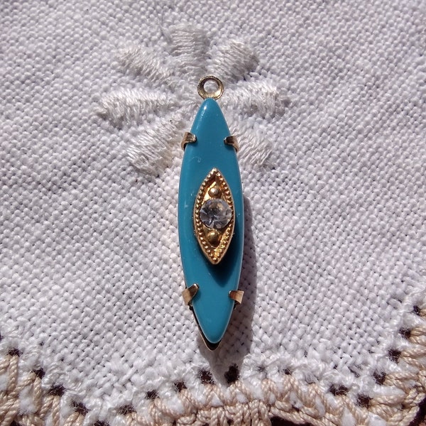 Mid Century Turquoise Blue Crystal Set Pendant Vintage Bead Jewelry Component