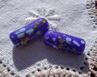 Navy Blue Tombo Slender Cylinders Japanese Millefiori Vintage Glass Beads