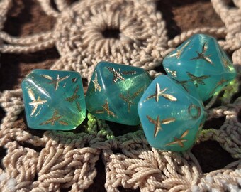 UV Reactive Blacklight Glow Mint Green Opal Golden Stars Etched Bicone Vintage Czech Glass Beads
