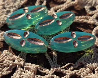 UV Reactive Blacklight Glow Mint Green Opal Golden Etched Vintage Czech Glass Beads