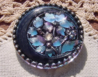 Lilac Blue Floral Ebony Crescent Czech Glass Button