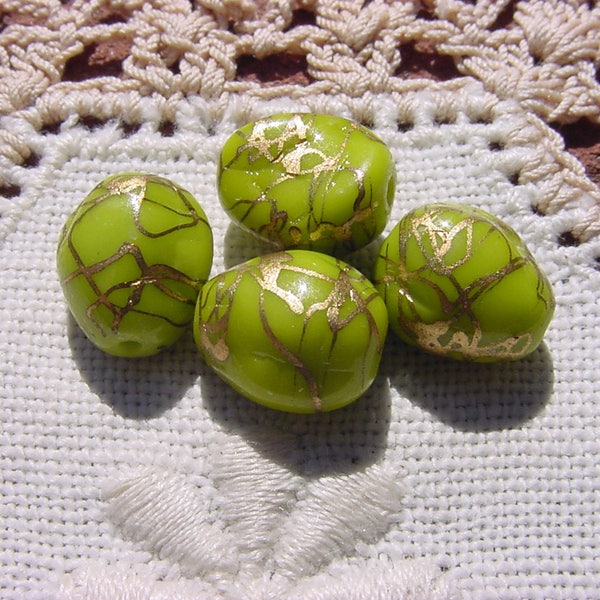 Chartreuse Gold Drizzle 10MM Etched Vintage Glass Beads