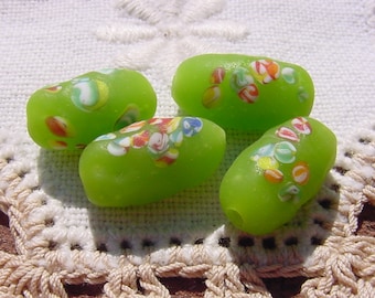 Matte Lime Green Millefiori Vintage Japanese Glass Beads