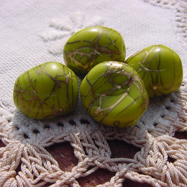 Chartreuse Gold Drizzle 13MM Etched Vintage Glass Beads