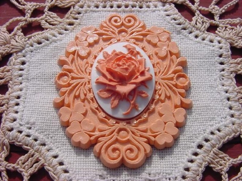 Peach Floral Cameo Vintage Lucite Pendant image 1