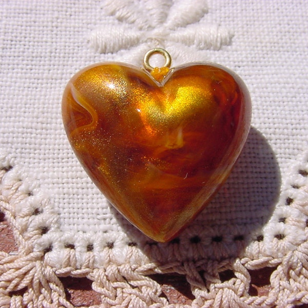 Caramel Toffee Golden Swirl Heart Pendant Vintage Lucite Bead